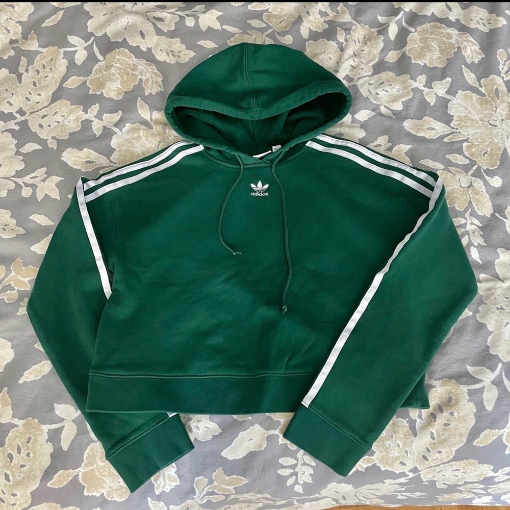 Adidas Forest Green Cropped Hoodie with White Logo